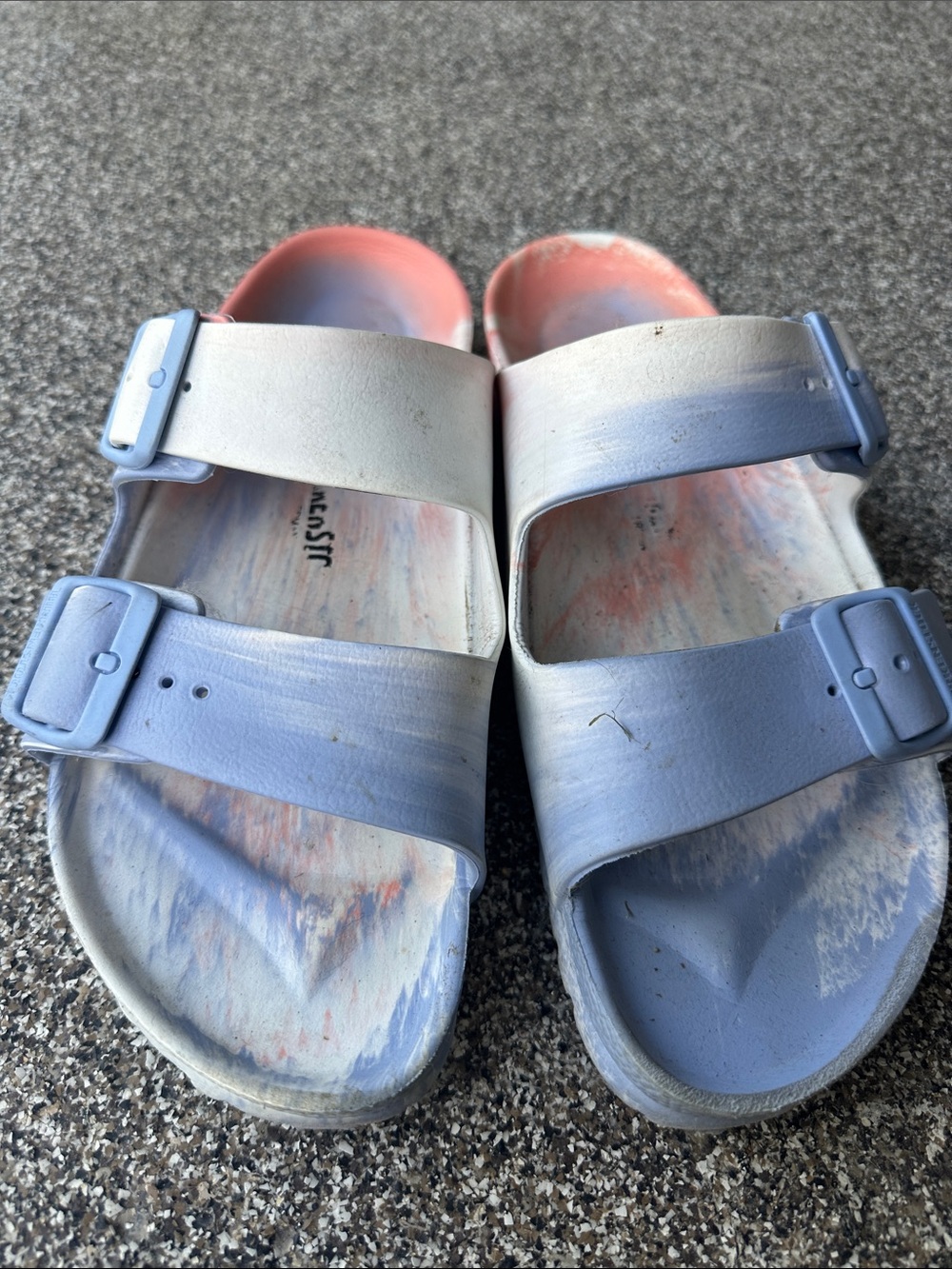 Birkenstock Two-Buckle Sandals in Light Blue, White and Coral Marbled